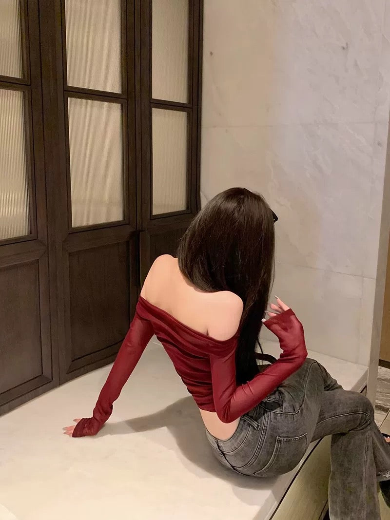 Mesh Off Side Shoulder Long Sleeve Top with tube