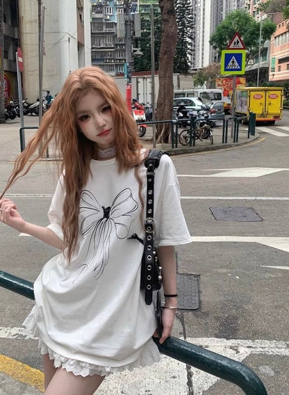 White Ribbon Oversize T Shirt Top