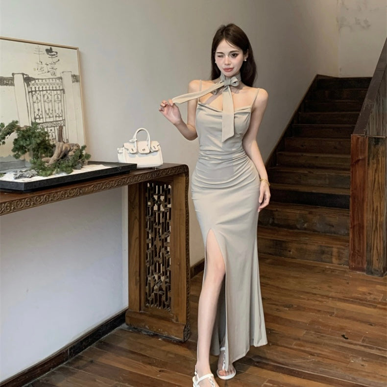 Bareback Strap Dress With Collar Strap (Black, Grey)