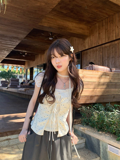 Cream Polka Dot Top With Collar Strap