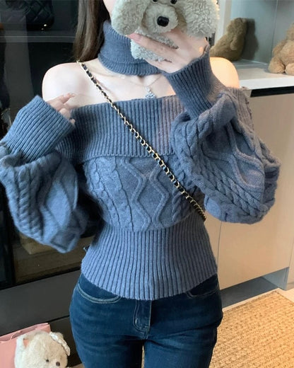 Multi Wear Off Shoulder Long Sleeve Crop Knitted Top With Collar