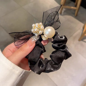 A57 Korean Mesh Ribbon Pearl Hair Rubberband