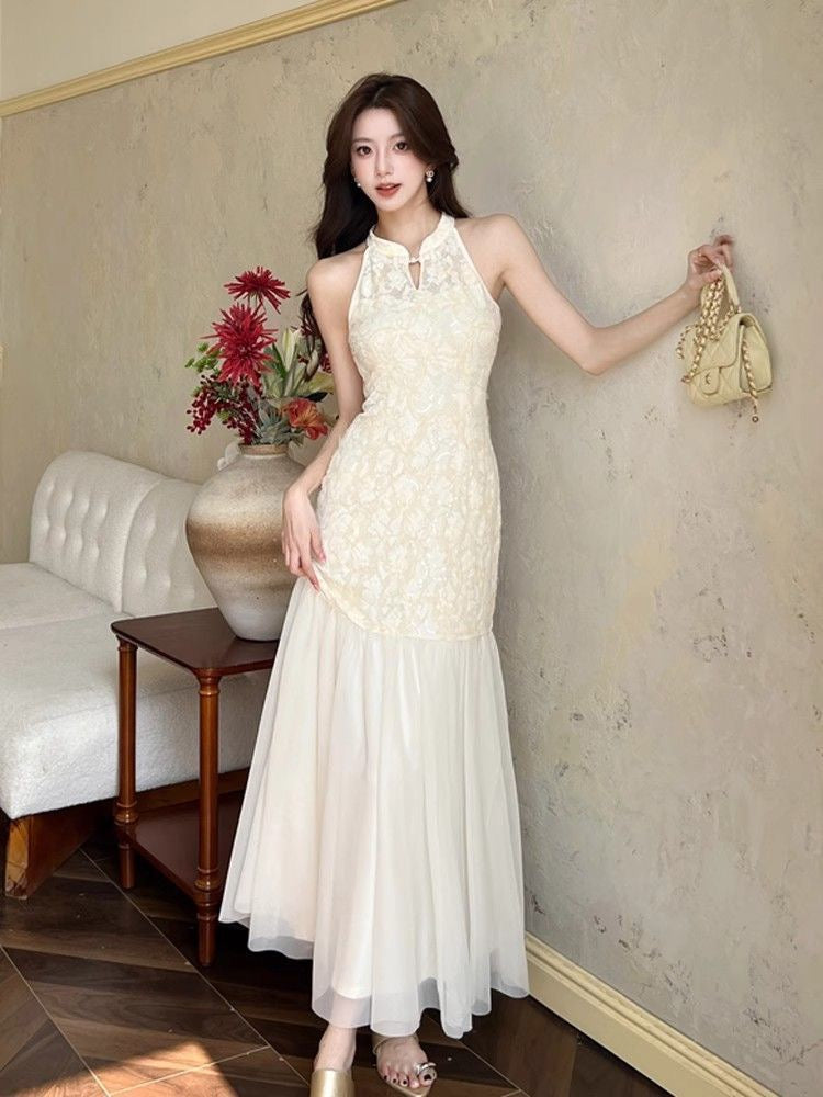 Beige Cheongsam CD022 Long Dress With Cardigan (S, M)