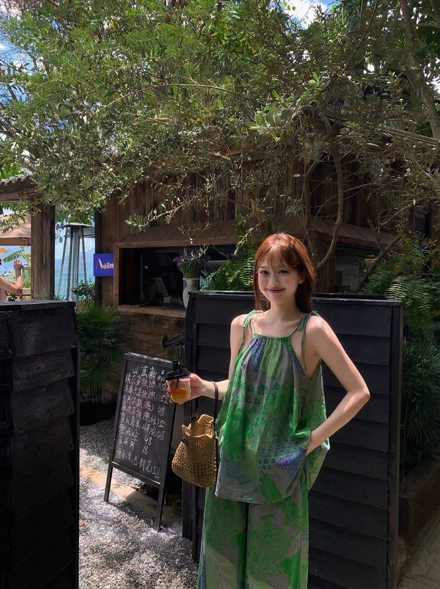Green Top + Long Pants Two Piece Set
