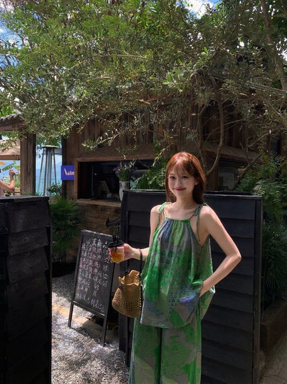Green Top + Long Pants Two Piece Set
