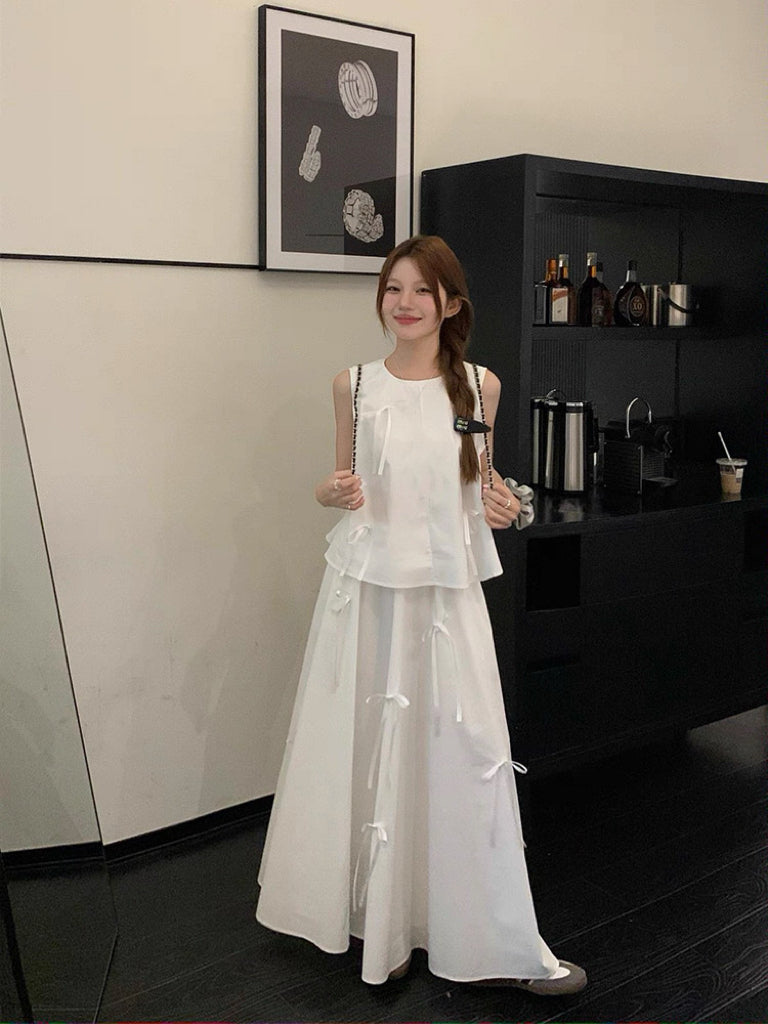 White Ribbons Sleeveless White Top + Skirt Two Piece Set