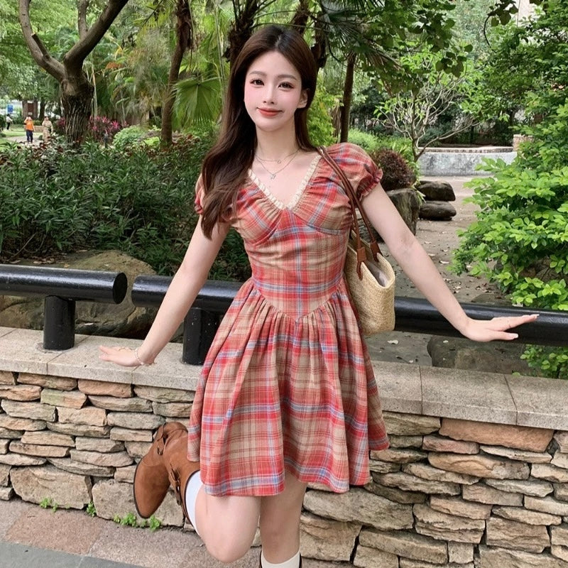 Red Grid Short Dress