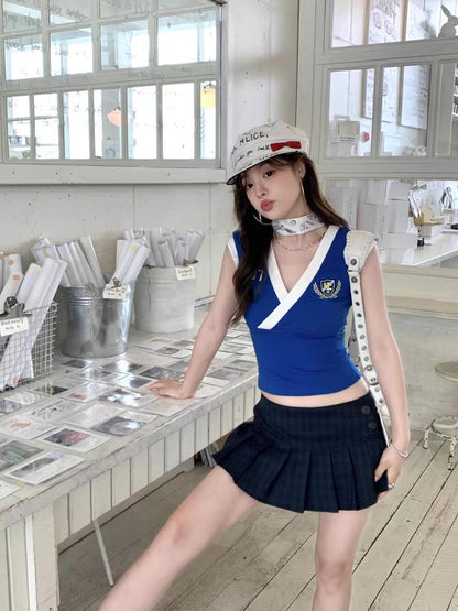 Uni V Collar Top + Skirt Two Piece Set (S, M)
