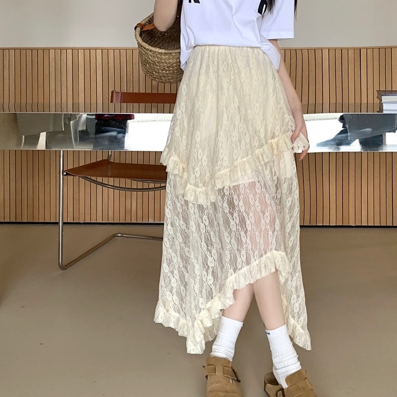 Unequal Beige Lacey Skirt With Lining