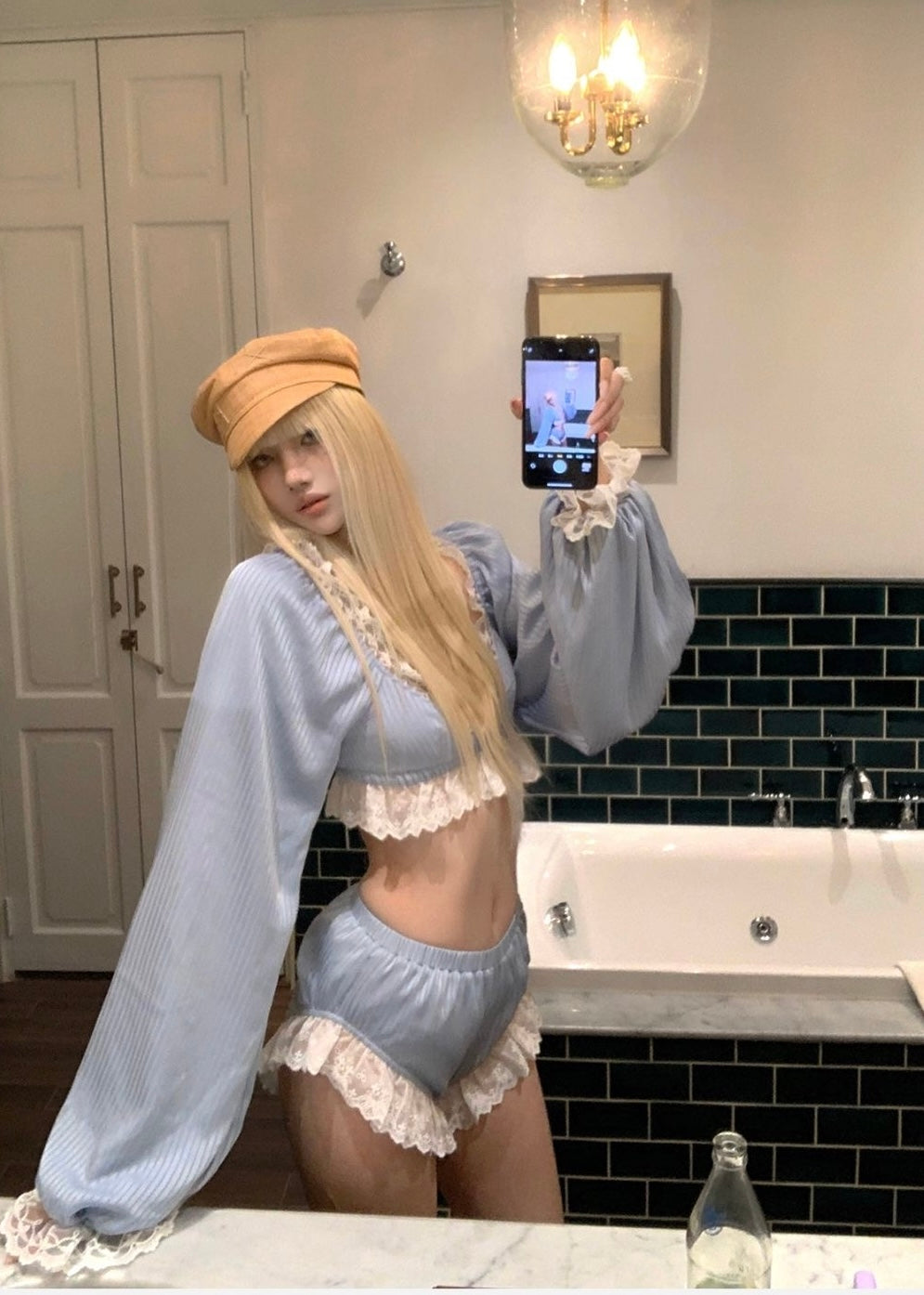 Blue Stripe Crop Top + Mini Shorts Two Piece Set