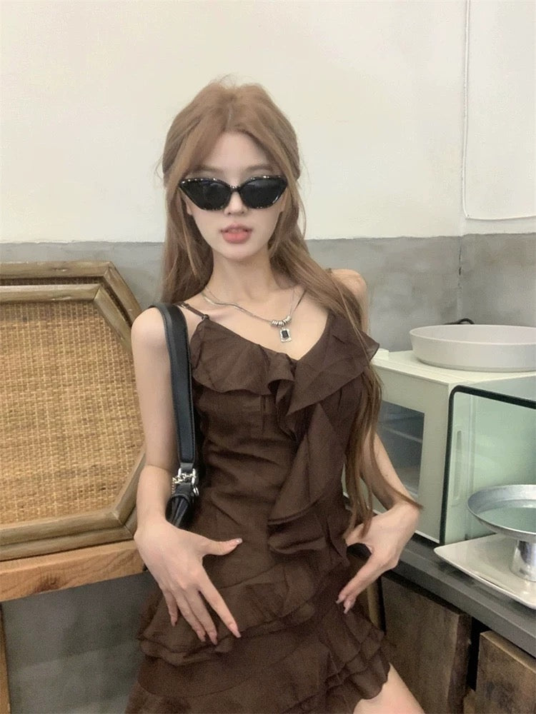 Chocolate Unequal Strap Dress (S)