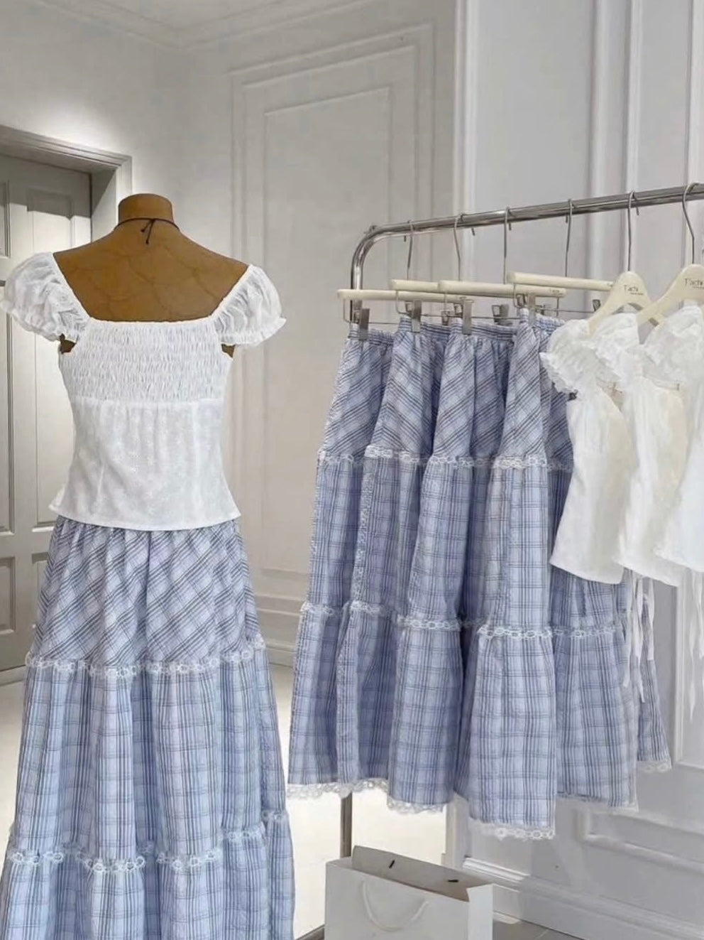 White Top + Blue Long Skirt Two Piece Set