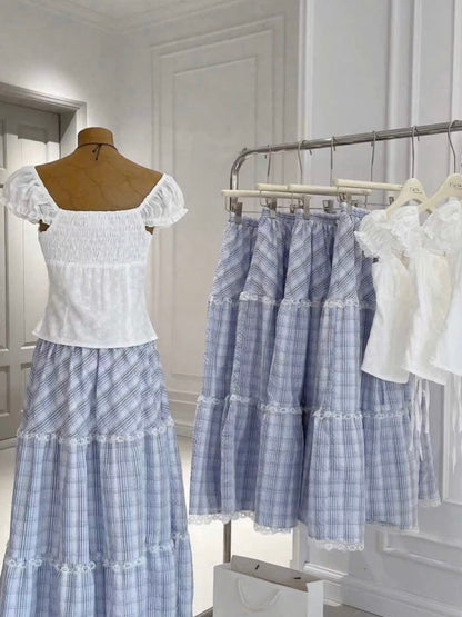 White Top + Blue Long Skirt Two Piece Set