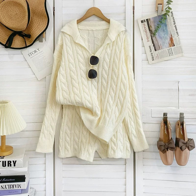 Cream Knitted Top + Shorts Two Piece Set