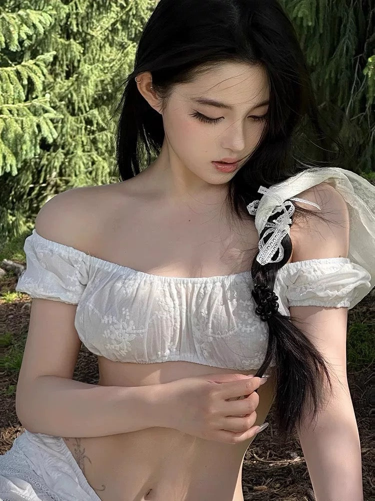 White Off Shoulder Crop Top Long Skirt Three Pieces Set