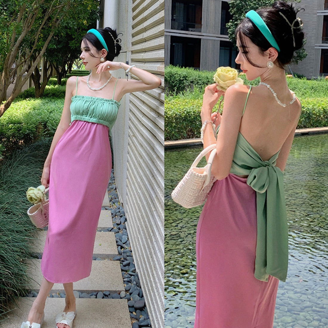 Green Mix Purple Satin Strap Dress (S, M)