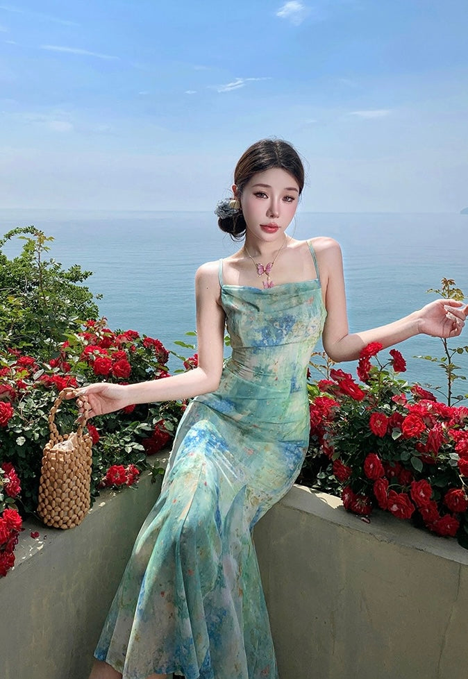 Chiffon Green Long Dress (XS, S, M)