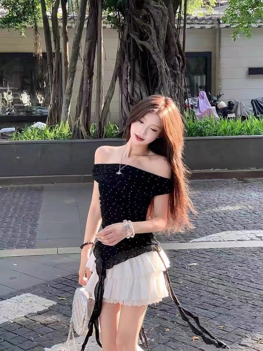 Mini Dot Off Shoulder Black Mesh Top