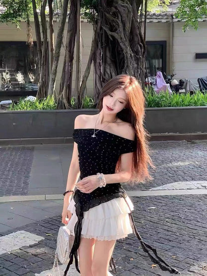 Mini Dot Off Shoulder Black Mesh Top