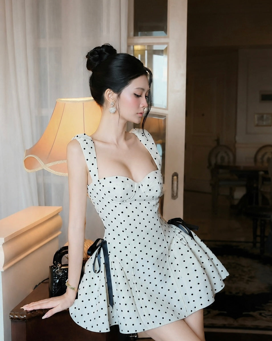 Polka Dot Side Ribbon Mini Dress