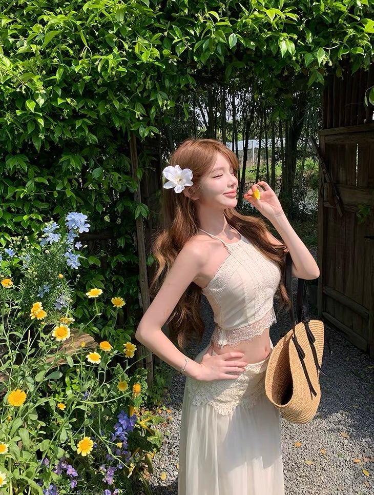 Embroidery Chiffon Two Piece Set (Blue, Beige)