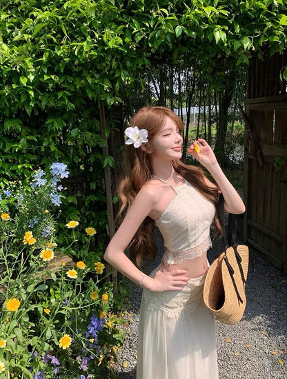 Embroidery Chiffon Two Piece Set (Blue, Beige)
