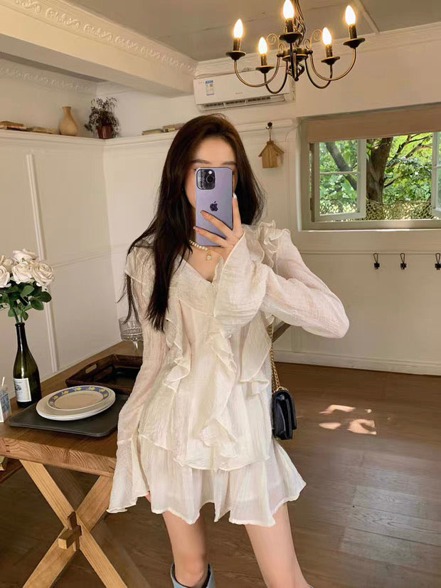 Beige Top + Skirt Two Piece Set