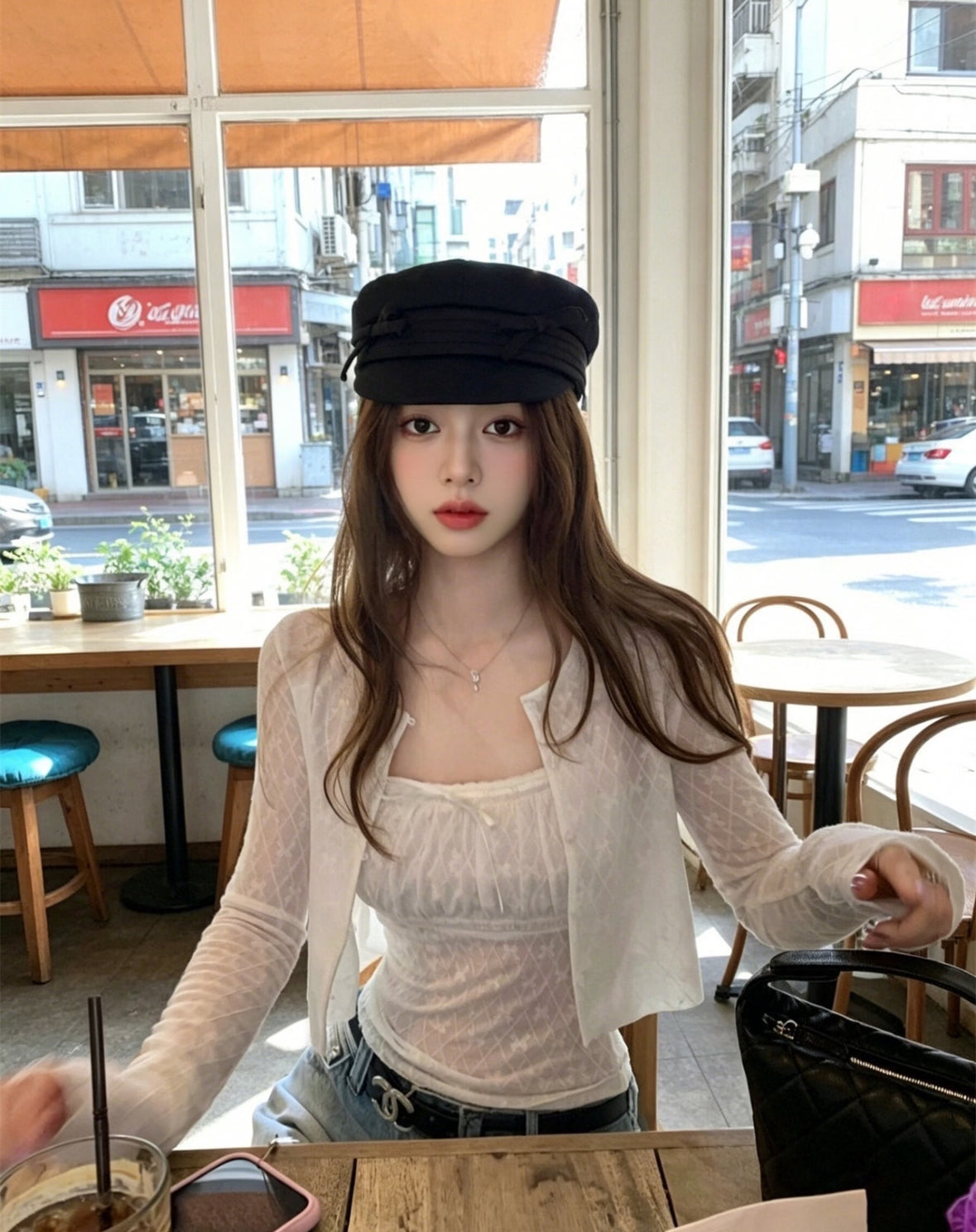White Bows Top + Crop Cardigan Two Piece Set