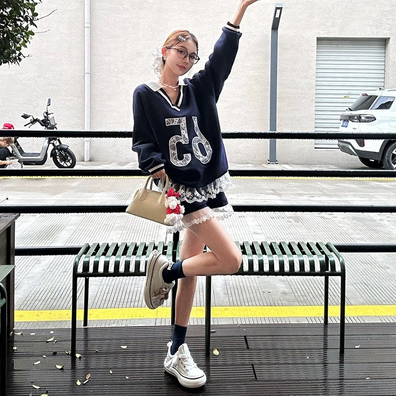 No.65 Premium Navy Sweater Top + Shorts Two Piece Set