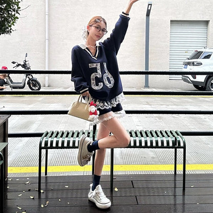 No.65 Premium Navy Sweater Top + Shorts Two Piece Set