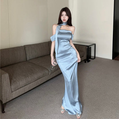 Silky Blue Tube Long Dress (S, M)