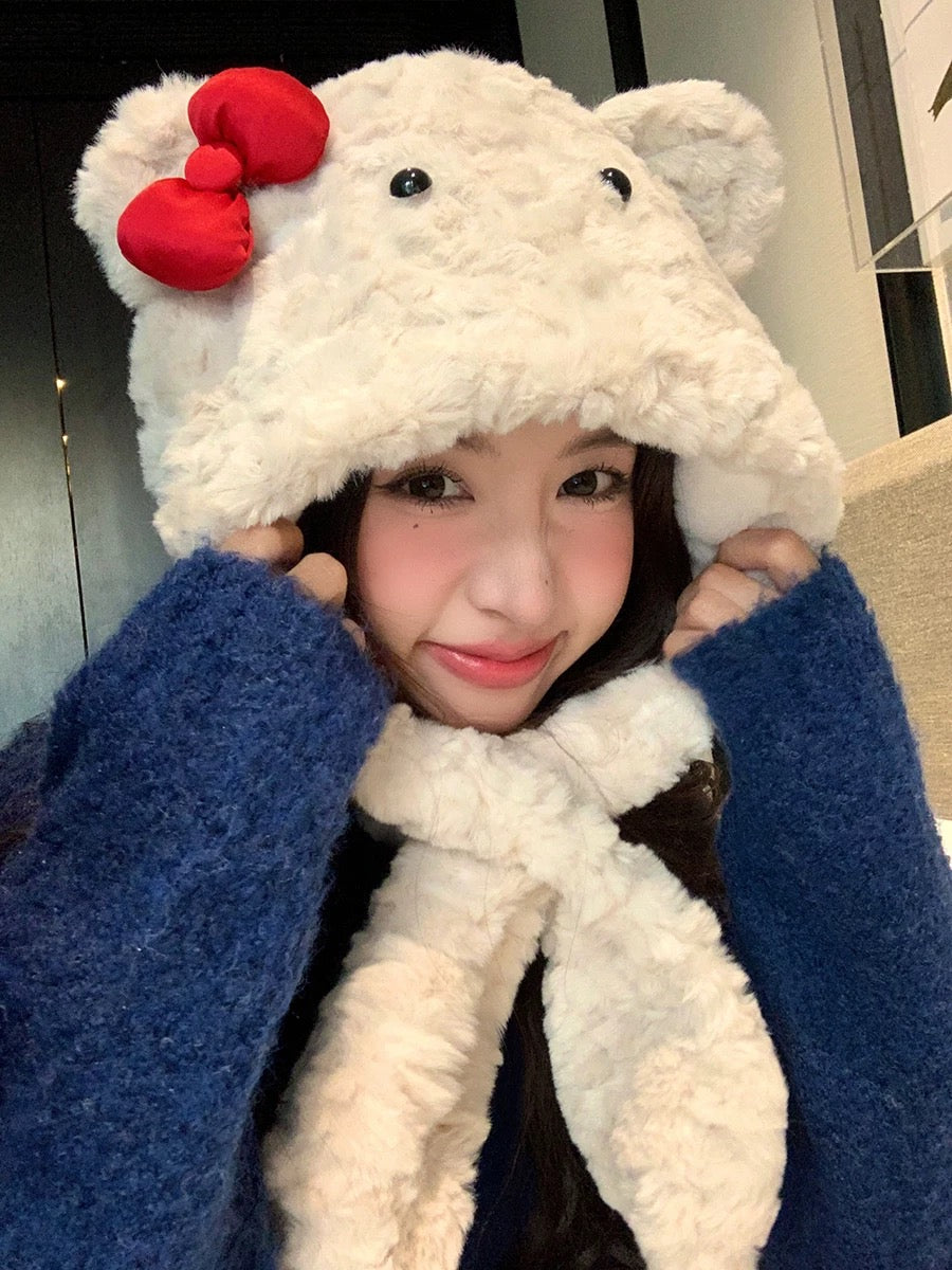 Red Bow Teddy Milktea Fuzzy Hat
