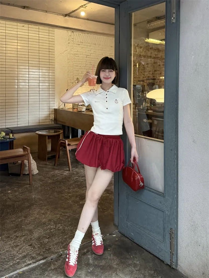 Collar White Top + Wine Red Skirt Two Piece Set