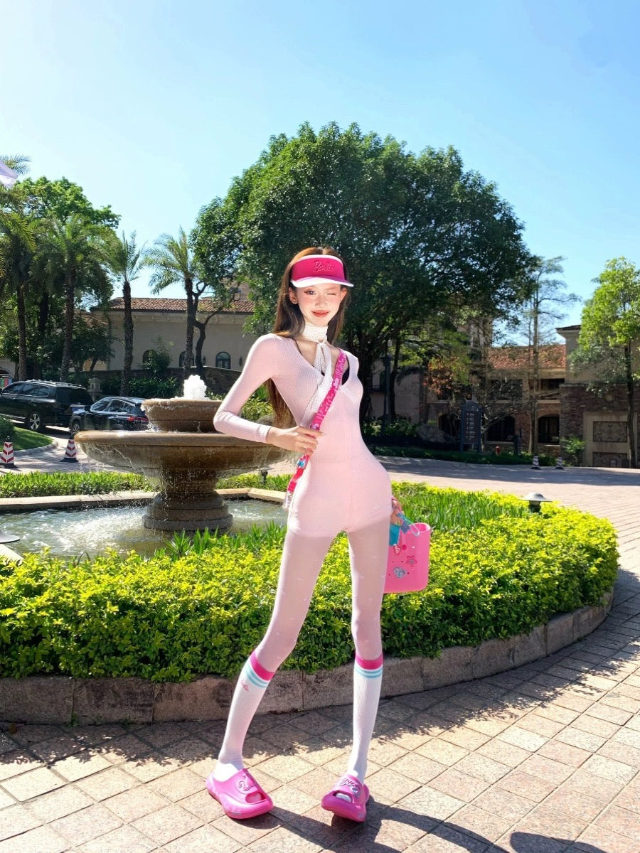 Soft Pink Round Collar Long Sleeve Romper