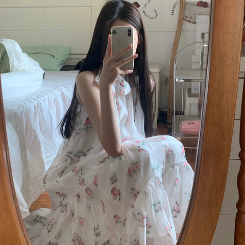 Round Collar Mini Floral Long Dress