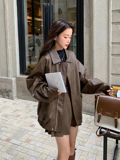 Thin PU Leather Oversize Jacket (Brown)