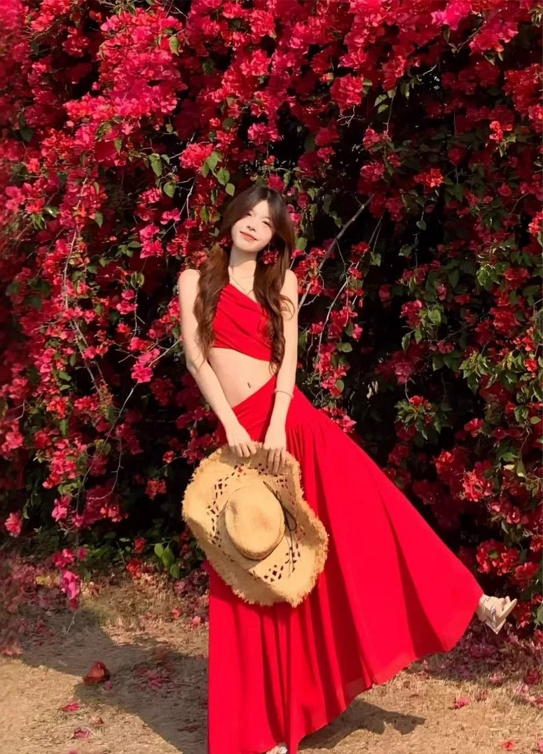 Red Side Waist Cut Long Dress (S)