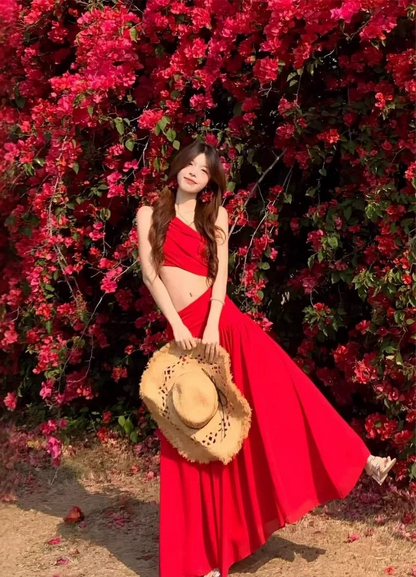 Red Side Waist Cut Long Dress (S)