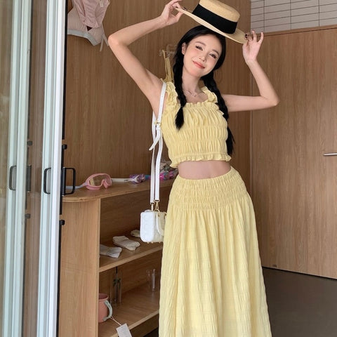 Yellow Top + Long Skirt Two Pieces Set
