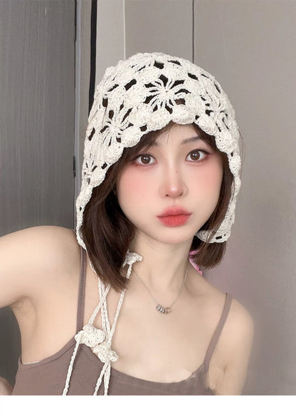 Beige Strap Knitted Embroidery Hat