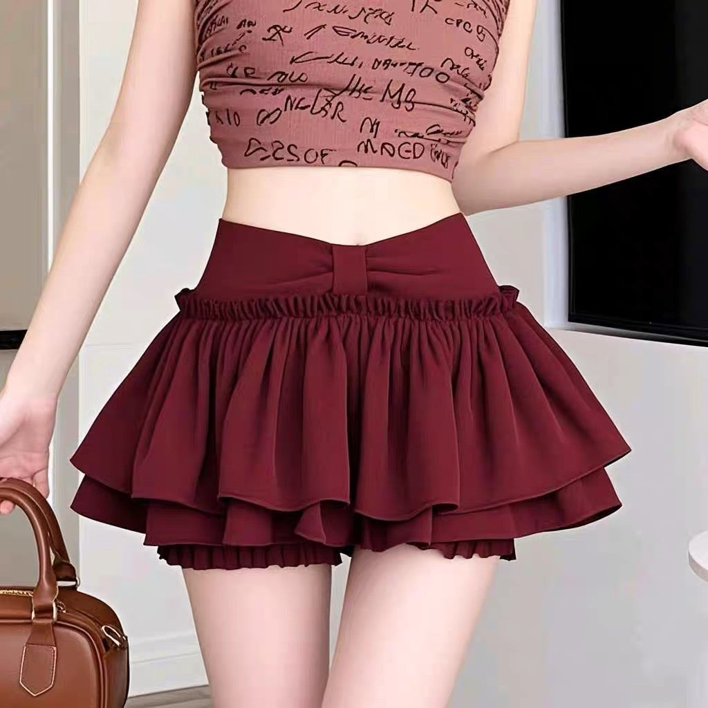 Wine Red Bow Middle Waist Puff Latern Skirt Short SK24 (S, M)