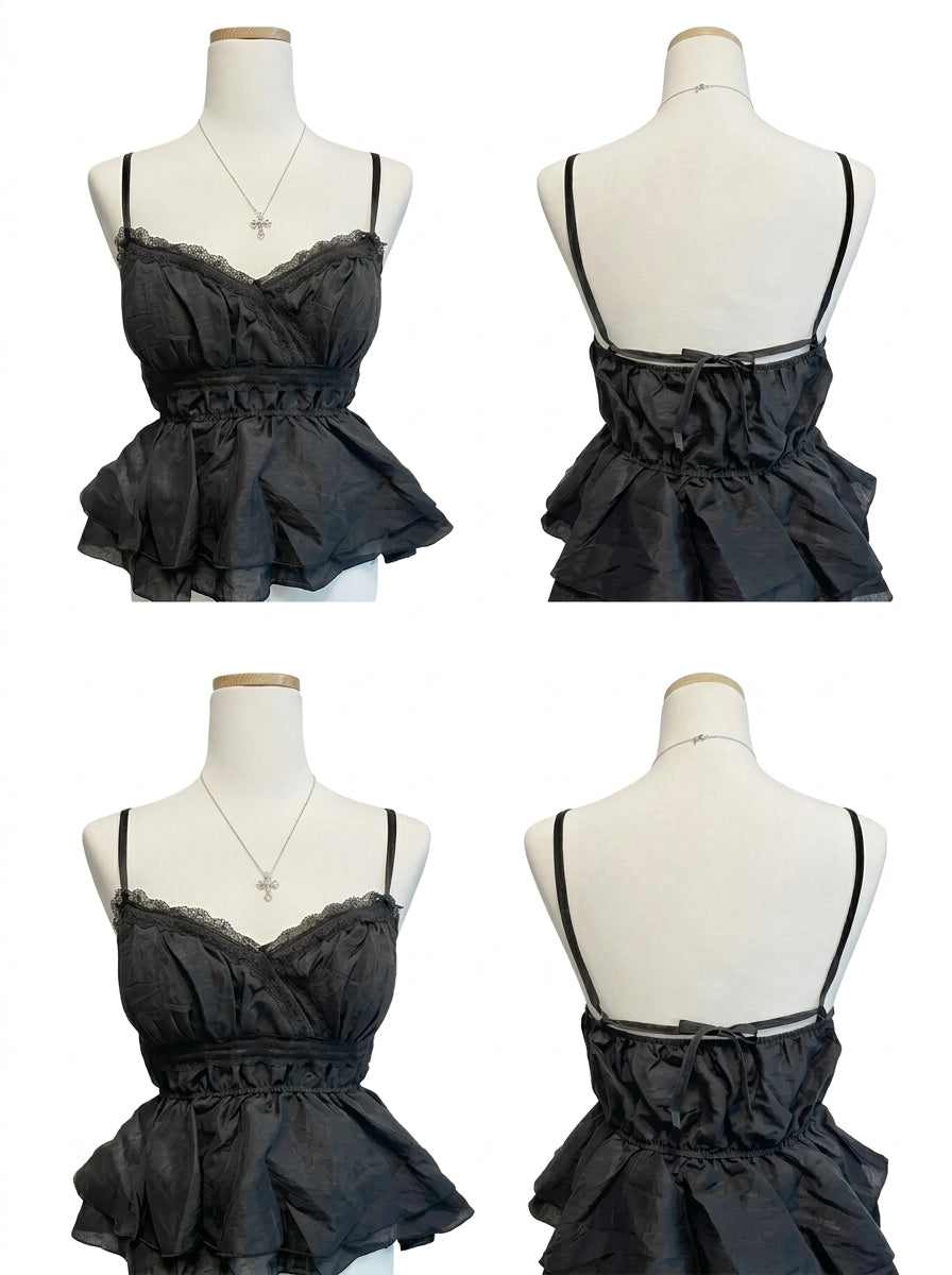Mix Lace Strap Top (Black, White)