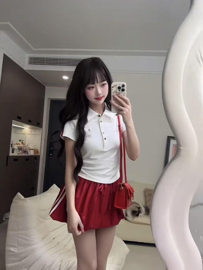 Collar White Top + Wine Red Skirt Two Piece Set