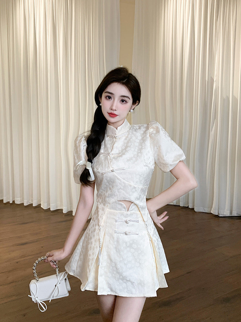 Beige Cheongsam Top + Skirt Two Piece Set (L)