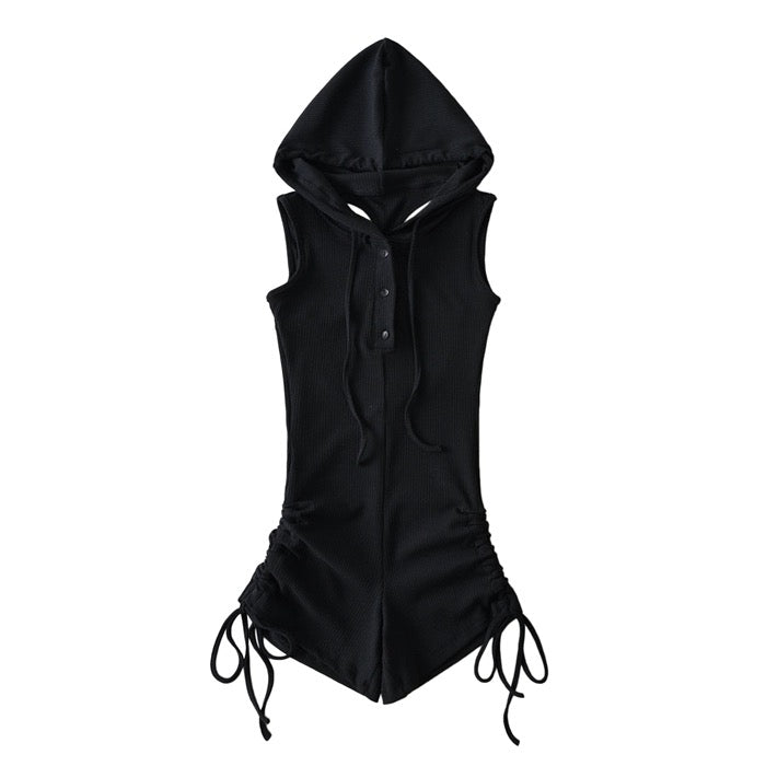 Sleevless Hat Romper (Black,Grey)