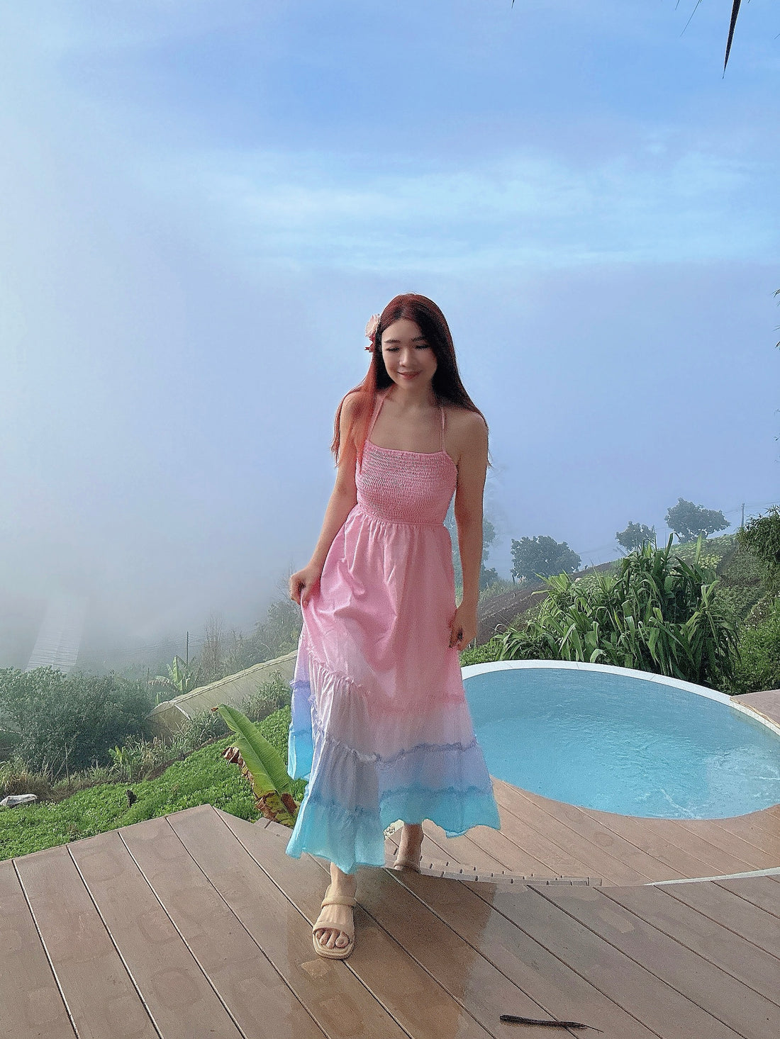 Ombre Pink Bareback Maxi Long Dress