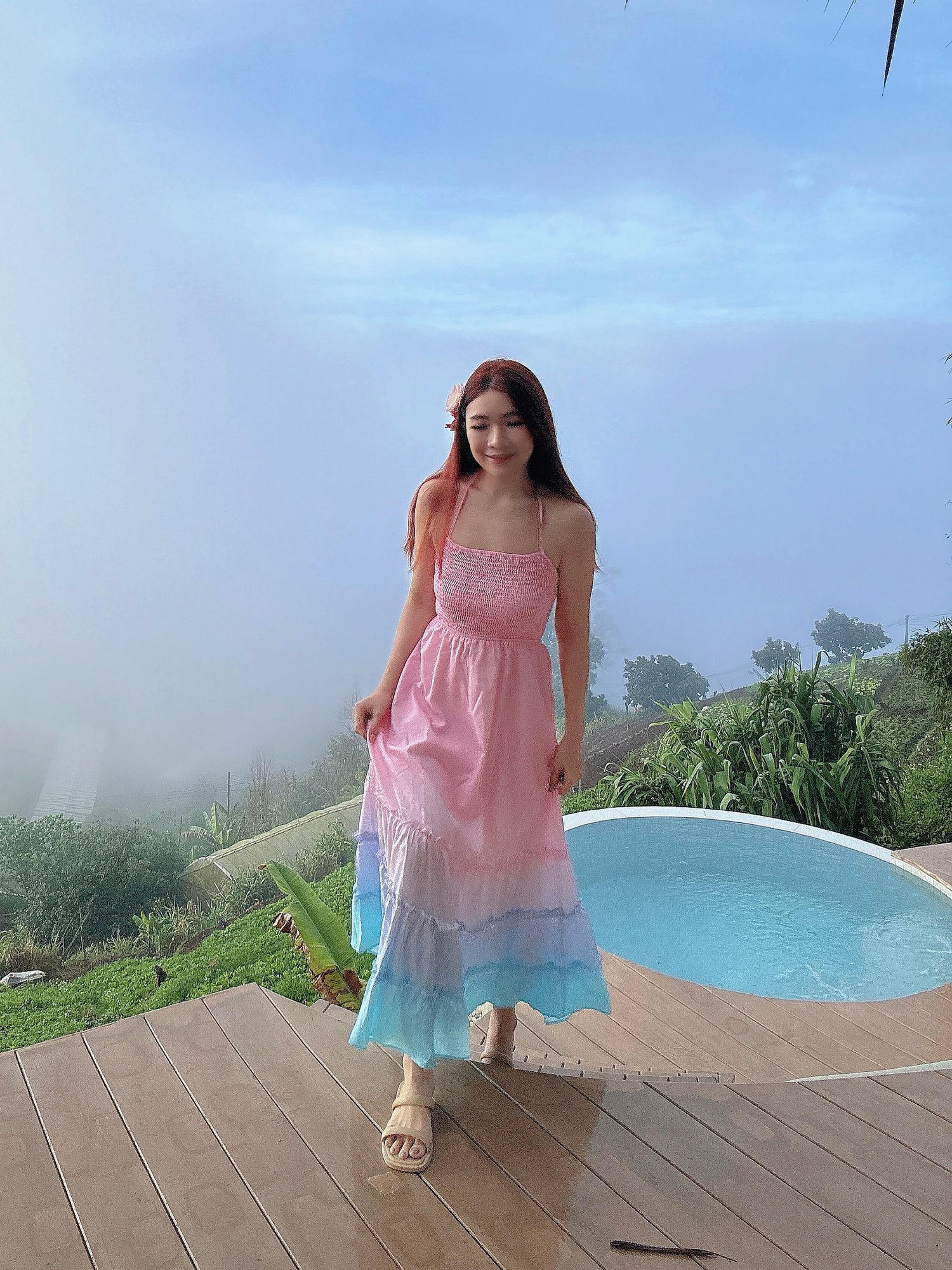 Ombre Pink Bareback Maxi Long Dress