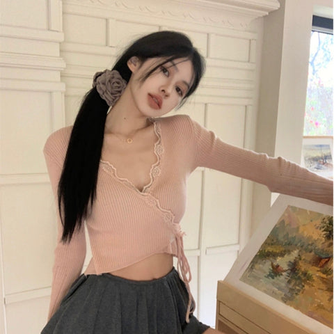 Laces V Collar Wrap Long Sleeve Top