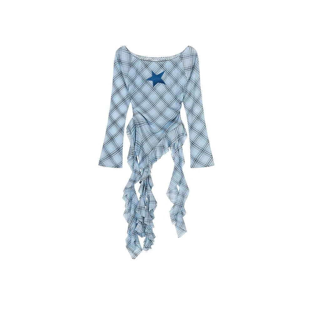 Grid Star Off Shoulder Long Sleeve Mesh Top