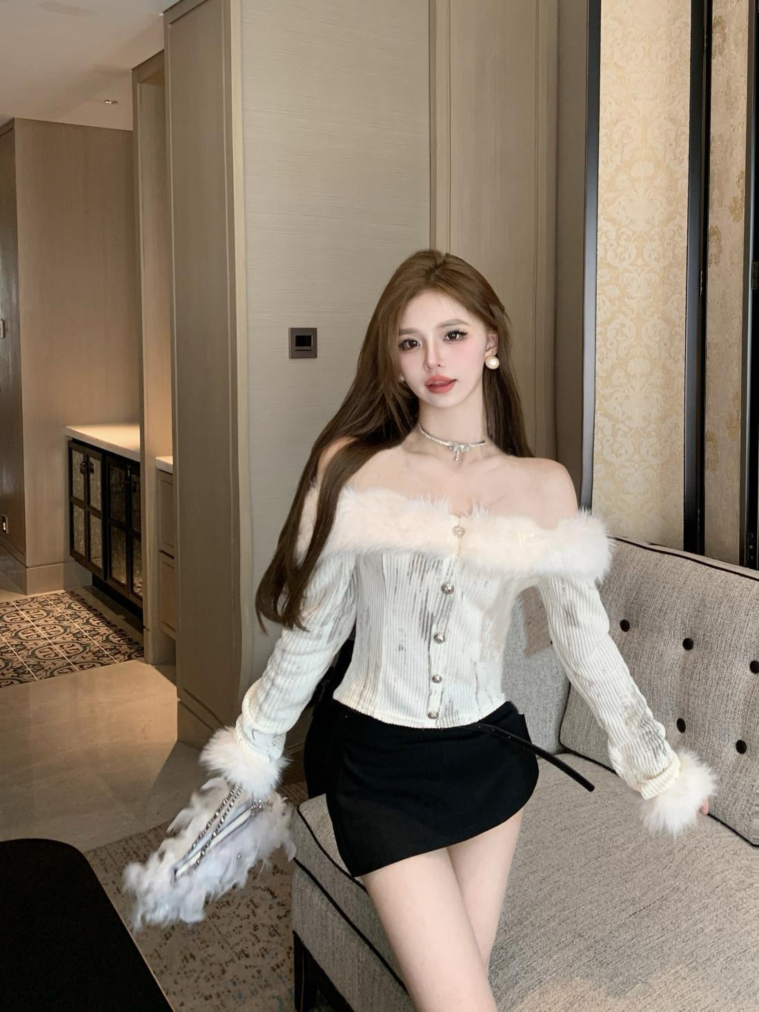 Cream Off Shoulder Knitted Long Sleeve Top (S)